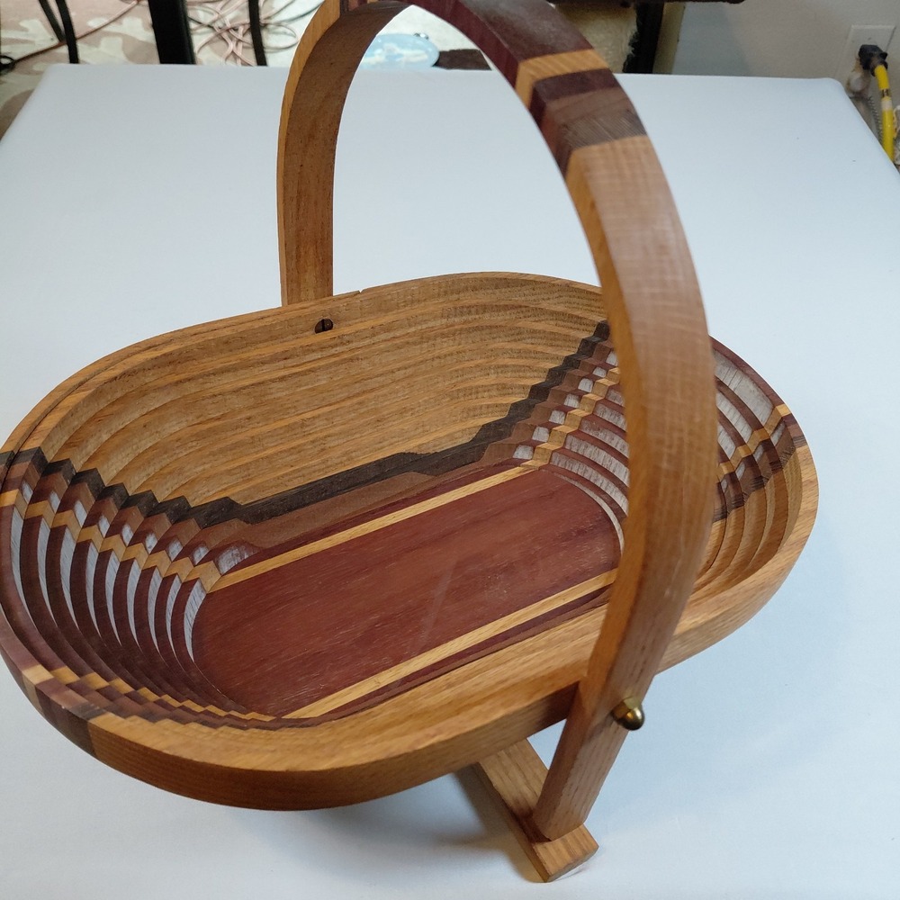 Vintage Deep Spring Collapsible Wooden Basket Tri-Color Wood Bowl Folding Signed